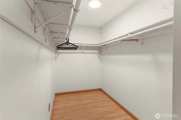Convenient walk-in-closet between the bedroom and the en suite bath. Convenient walk-in-closet between the bedroom and the en suite bath.