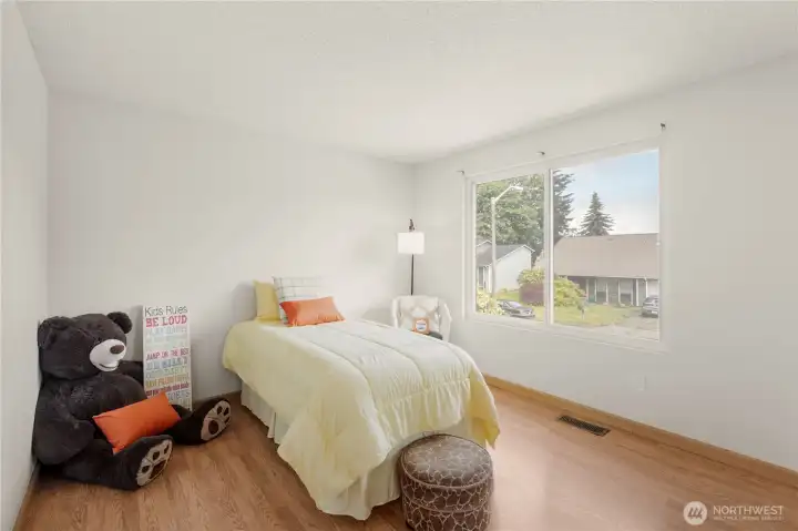 Bedroom #2, upper level. All bedrooms have laminate flooring. No carpet in this home. Bedroom #2, upper level. All bedrooms have laminate flooring. No carpet in this home.
