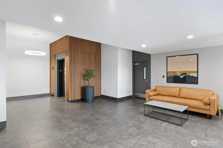 Welcoming lobby with elevator.