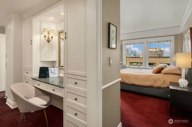 A beautiful hotel-like primary suite can be found in the private bedroom wing of the home.