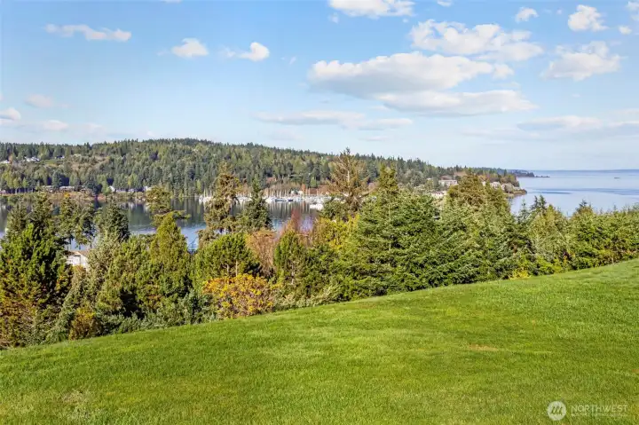 The view of the water from the backyard lawn.