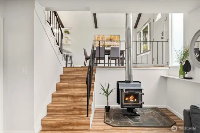 Wood plank stairs to kitchen