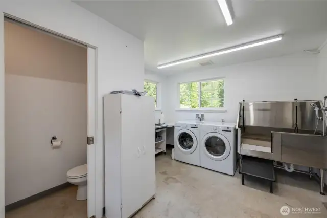 Washer and dryer and large sink, dog wash station and with a half bathroom