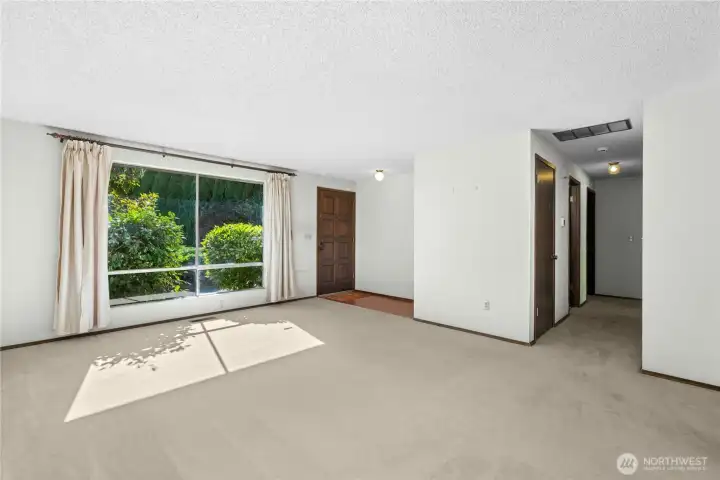 View of hallway to bedrooms from living room.