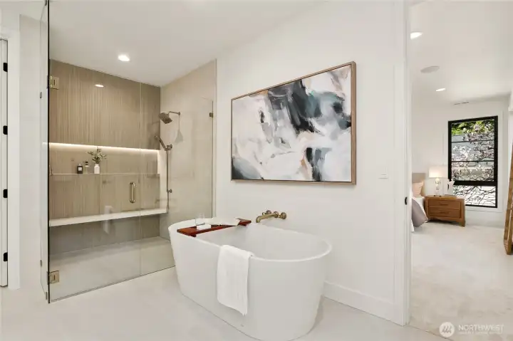 Frameless glass Shower with Level Stone Floor, Handheld and Full Length Shelf