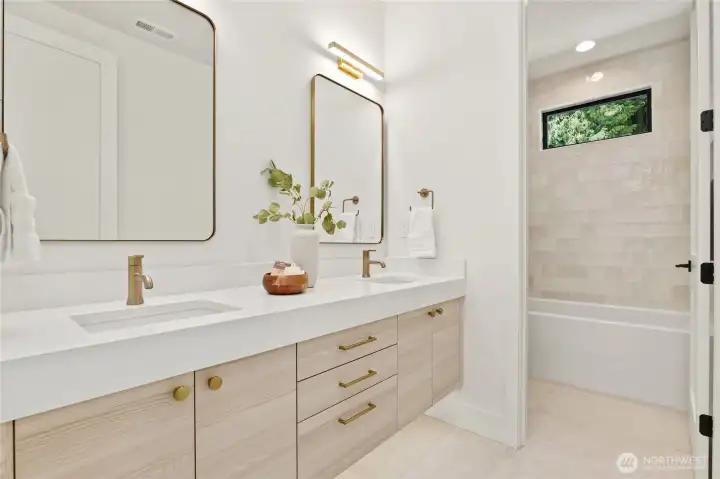 Full bath with Double Sinks and Floating Cabinet with Sensor Lighting