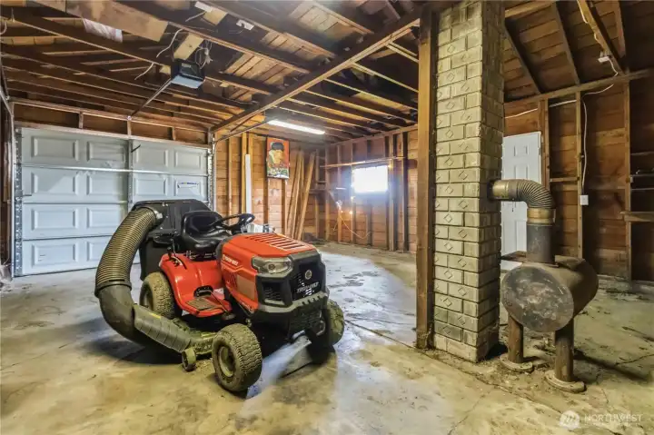 Large Garage Space with Woodstove Fireplace
