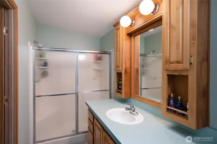 Primary Bathroom with Large Shower and lots of storage for personal items.