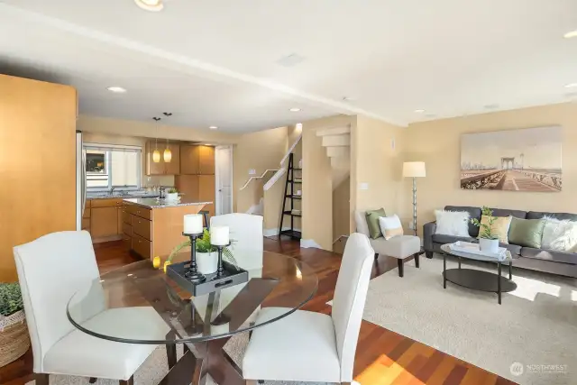 Dining room, living room and kitchen