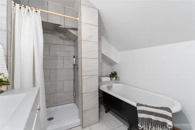Upstairs full bath with claw foot tub and rainshower