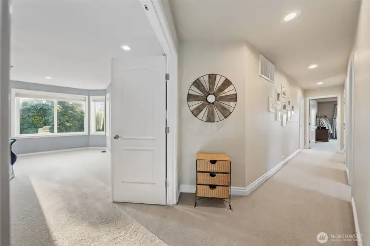 Upstairs features plush carpet.