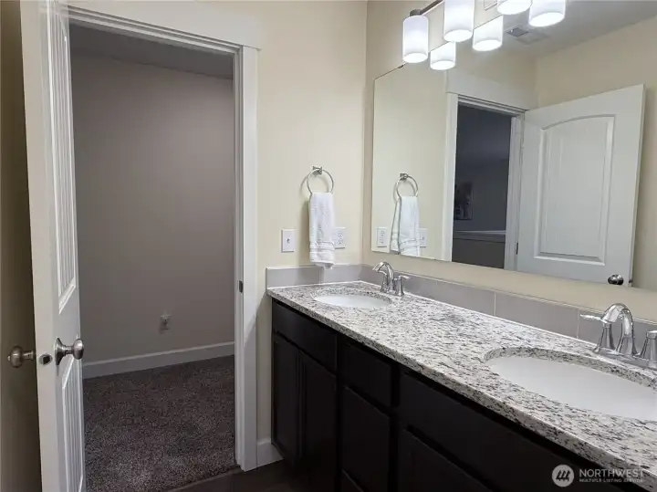 Upstairs hall bathroom features double vanity