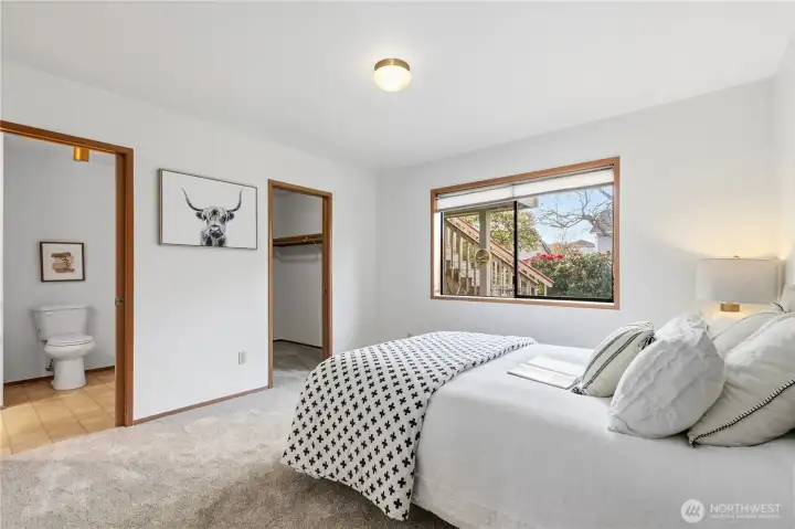 The primary bedroom with a generous window, closet and bathroom access.