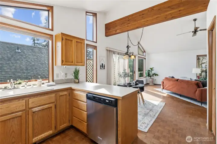 Kitchen and dining area flow easily together.