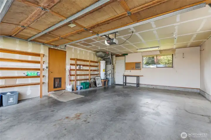 The attached garage for parking or hobbies.