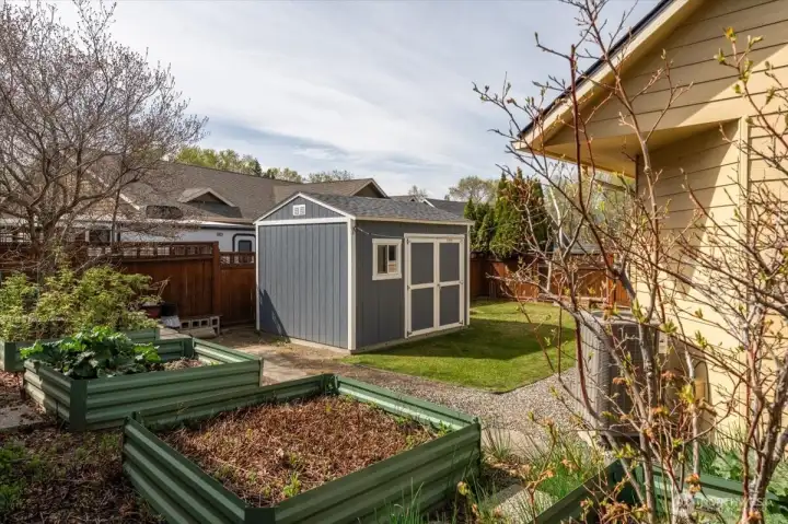 Backyard raised garden beds and tuff shed