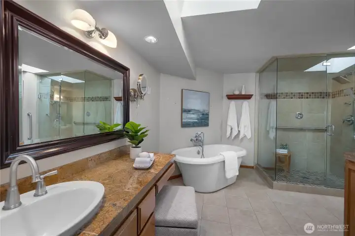 Spa-inspired primary bath with soaking tub, expansive steam shower, and skylight above.