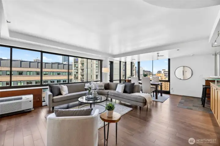 Open floor concept with a wall of west facing windows.
