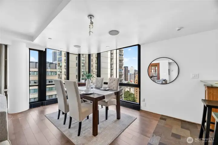 Dining area with beautiful city views.