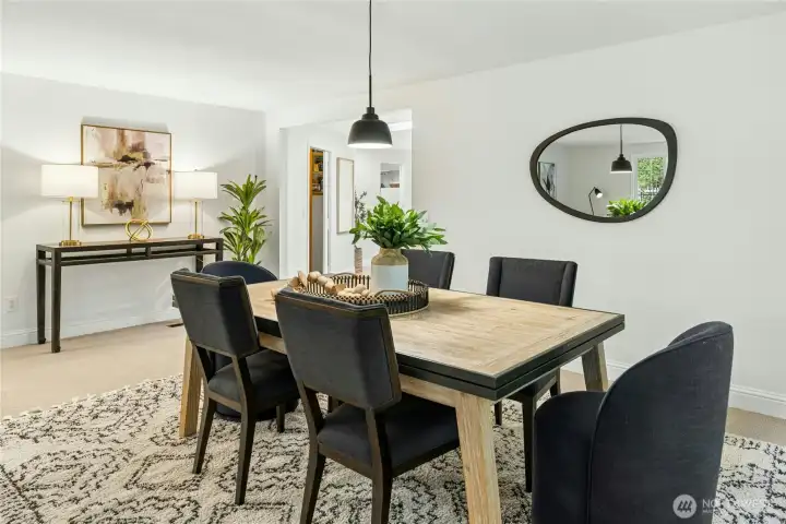 Plenty of space for a large dining table, with additional seating in the open kitchen. Plenty of space for a large dining table, with additional seating in the open kitchen.
