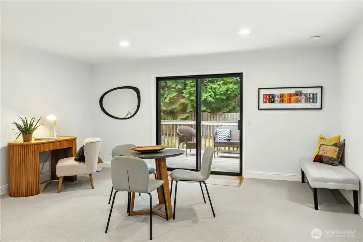 With a sliding door out to the large deck and backyard, you and your pets will have easy access outside. With a sliding door out to the large deck and backyard, you and your pets will have easy access outside.