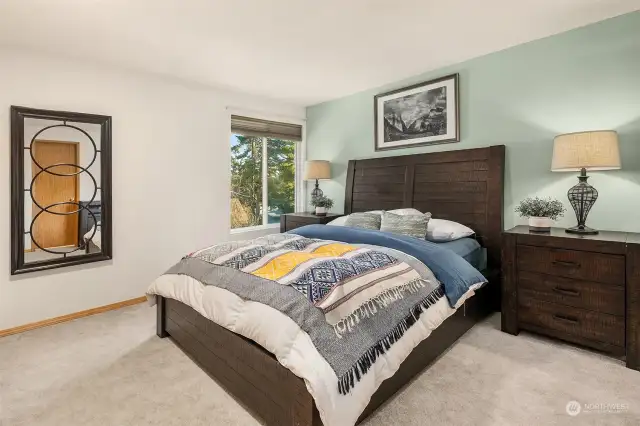 Tranquil Primary Bedroom Large Enough for a King Size Bed (Shown) and Views to Backyard