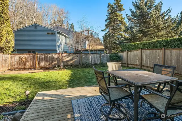 Sunny, Fenced Backyard With Large Deck, Brick Patio, Garden Space and Grassy Play Area