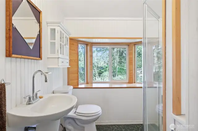 3/4 bath and a great view of outdoors. You are in a home that has 100% privacy