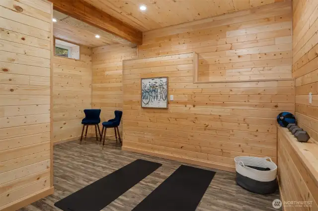 Pine shiplap throughout basement walls.