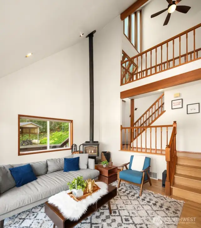 Wood stove in the heart of the living area.