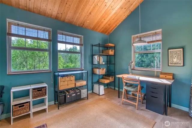 The second bedroom has south-facing windows streaming in sunlight.