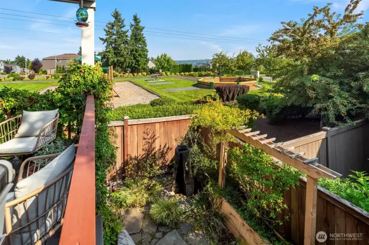 Private backyard oasis with water feature and hummingbird garden