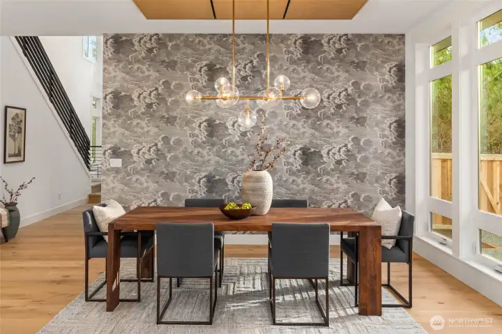Designer selected luxury wallpaper feature wall detail adds style and texture to dedicated dining space