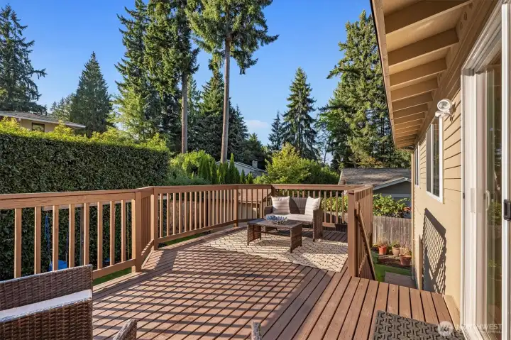 Sunny & private back deck and yard