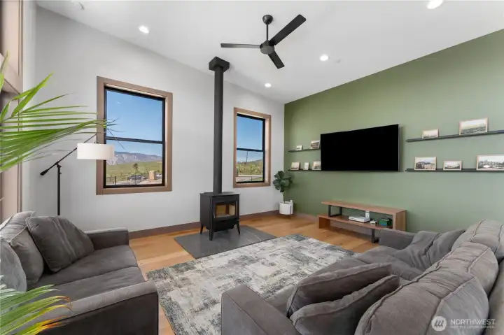 Cozy living space with wood burning fireplace!