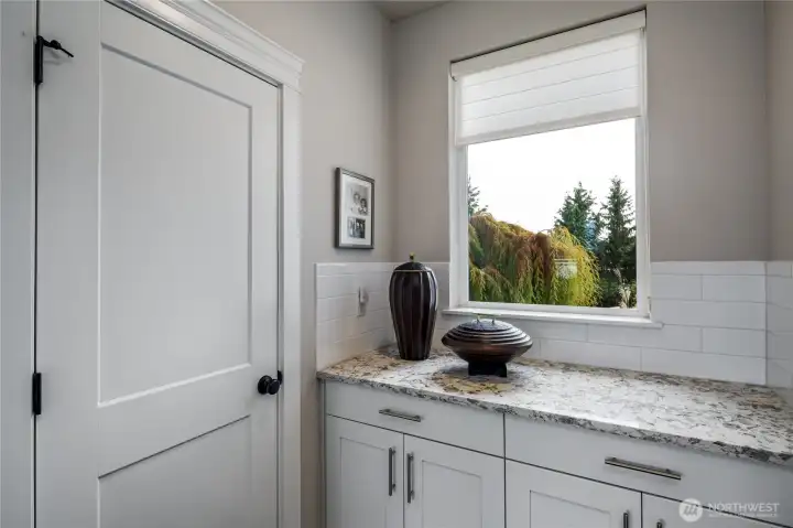 Butler's buffet with quartz counters and walk-in pantry to the left.