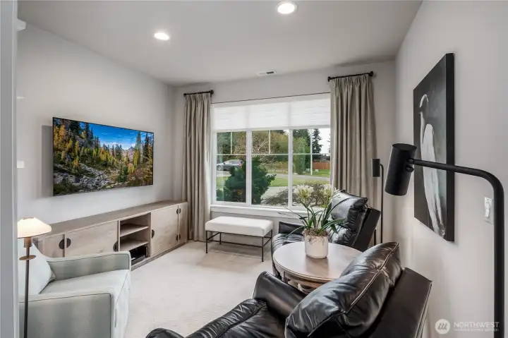 Den has custom-built bookshelves and cabinetry.