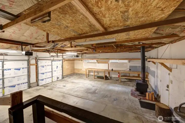 Oversized garage with wood burning stove