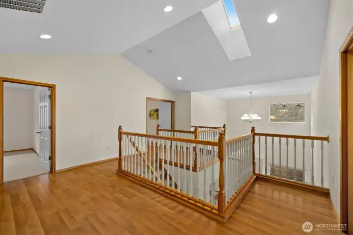 Upstairs, a versatile loft provides flexible space for a media lounge, home office, playroom, or quiet reading retreat.