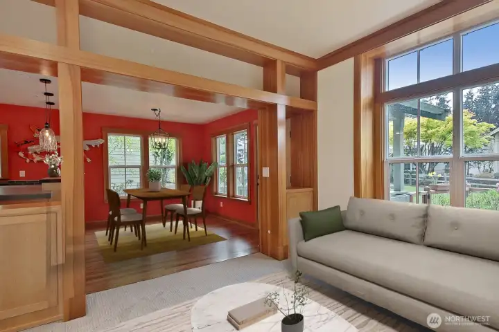 Living-Dining area has an easy flow to the back porch.  Virtually staged.