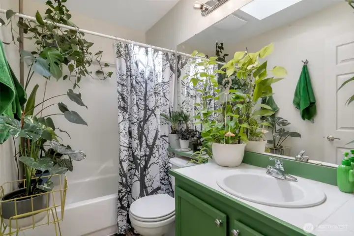 A full and spacious guest bath with skylight, freshly painted!