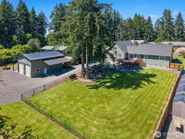 View of fenced backyard. View of fenced backyard.