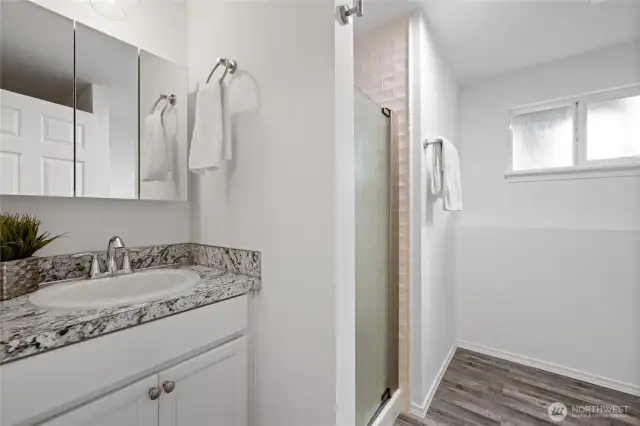Lower level 3/4 bathroom with Formica counter tops, LVP flooring and shower with custom tile