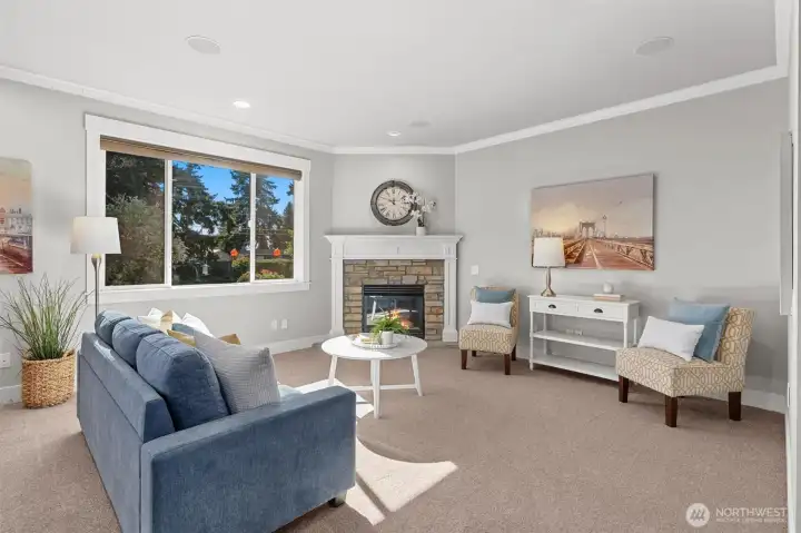 Living room with cozy fireplace.