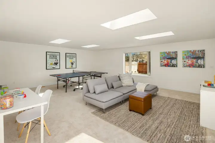 Large multi purpose rec room at the back of the house is filled with natural light. Skylights bring in additional light.