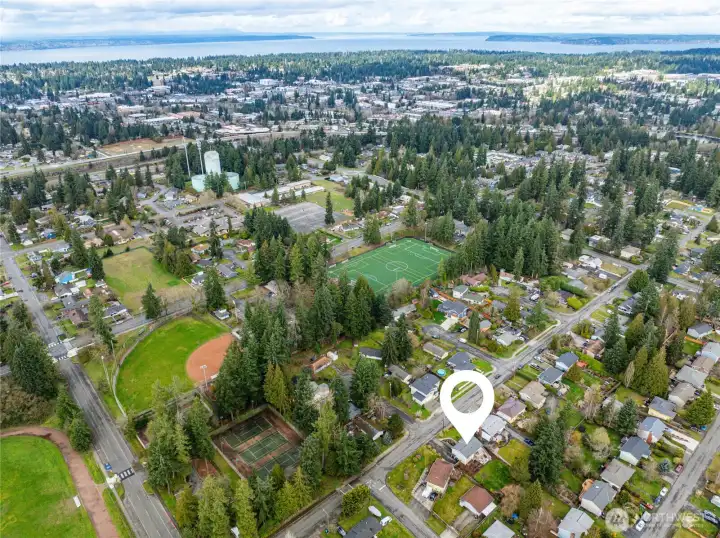 Evergreen Playfield, Terrace Park Elementary, Dog Park, Baseball Fields, Outdoor Basketball, MLT Rec Pavilion. And of course Puget Sound to frame it all.