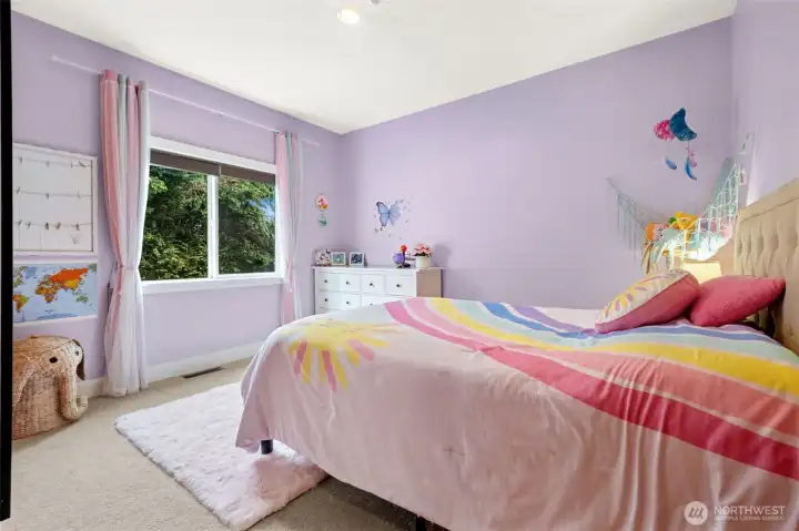Bedroom #3 with gorgeous exposed beams, lighted bedroom closets and room darkening blinds.