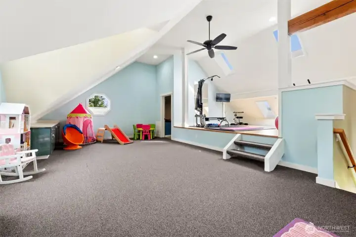HUGE Upstairs bonus room with raised gym with skylights. Behind is a second finished/flex room, used for a home theater!