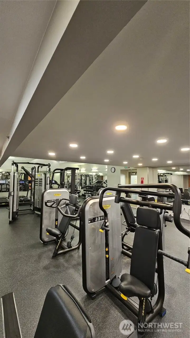 Spacious gym with strength and cardio equipment.