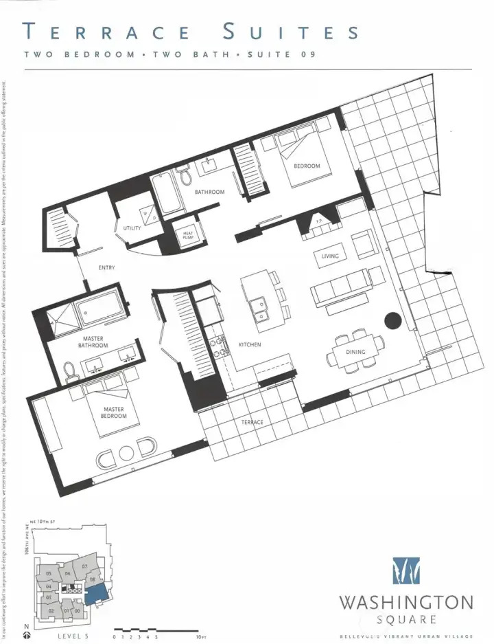 Floor plan showing functional layout and room dimensions with private terrace